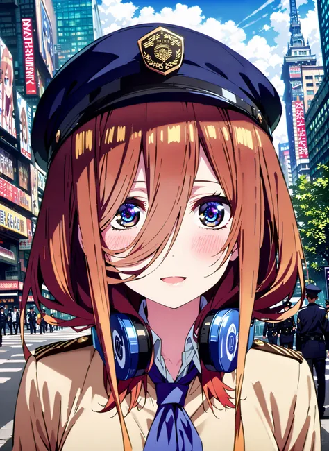 score_9, score_8_up, score_7_up, source_anime, Nakano Future, Nakano Future, long hair, Bangs, blue eyes, brown hair,Wide hair between eyes,police hat, Police Officer Uniforms,blue pencil skirt,Wireless machine,black pantyhose,pin heels, Salute ,is standin...
