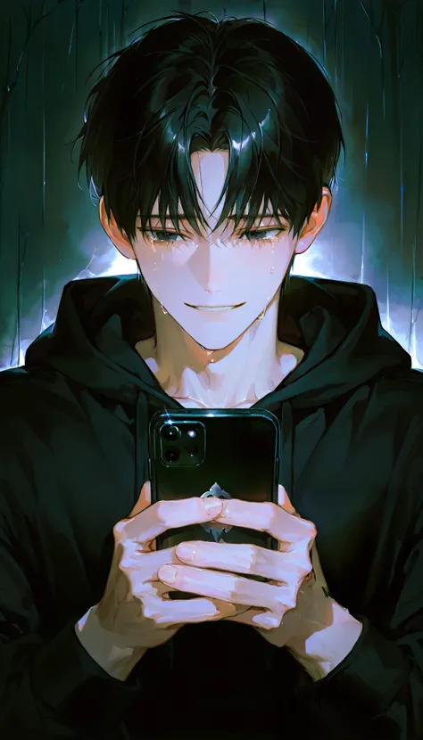 Young man, 1man ,crying,teary eyes, smiling, Handsome,short hair,Solo painting,black hoodie, mature man, muscles,solo,alone,handsome,black hair, black eyes, contemplative pose, holding phone, dark raining background