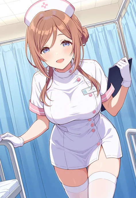 Score_9, score_8_up, score_7_up, source_anime, 1girl, himesaki rinami, blue eyes, brown hair, long hair, single hair bun, bangs, large breasts, (best quality), (high quality), {masterpiece}, extremely delicate and beautiful, ultra-detailed, beautiful detai...