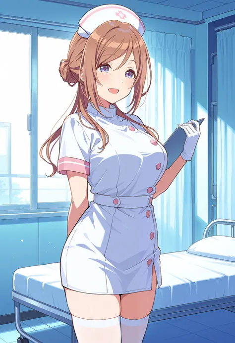 Score_9, score_8_up, score_7_up, source_anime, 1girl, himesaki rinami, blue eyes, brown hair, long hair, single hair bun, bangs, large breasts, (best quality), (high quality), {masterpiece}, extremely delicate and beautiful, ultra-detailed, beautiful detai...