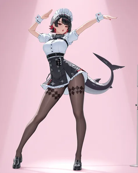 (pose:1.0, playboy pose, dynamic pose, adult Ellen Joe:1.0, Ellen Joe Outfit:1.0, falling skirt:1.0, transparent Ellen Joe pantyhose:1.0, shark tail, big mouth:4.0, big lips:4.0, open mouth:5.0, seductive eyes:4.0, detailed face, detailed mouth, small wais...