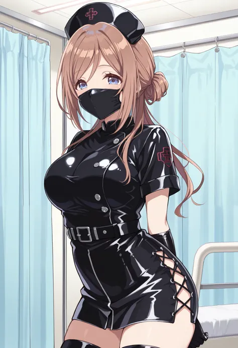 Score_9, score_8_up, score_7_up, source_anime, 1girl, himesaki rinami, blue eyes, brown hair, long hair, single hair bun, bangs, large breasts, enamel leather dark nurse, latex dress, black latex gloves, black latex legwear, latex, latex skirt, (best quali...