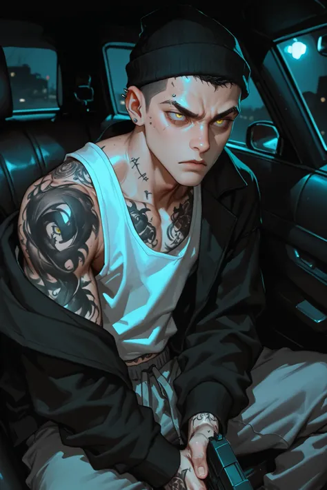 Solo man, A young man, wearing gray sweatpants, a white tank top, and a black sweatshirt, wearing a black beanie. Yellow eyes, black hair, Shaved hair, Body tattoos, strong body, piercing on the right eyebrow, serious expression, sitting in a car, holding ...