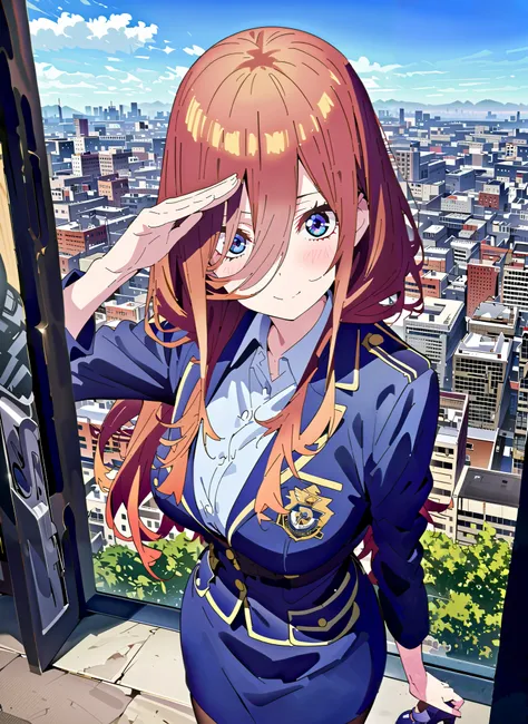 Nakano Future, Nakano Future, long hair, Bangs, blue eyes, brown hair,Wide hair between eyes,police hat, Police Officer Uniforms,blue pencil skirt,Wireless machine,black pantyhose,pin heels, Salute ,is standing,smile,cover,close your mouth,,full bodyがIllus...