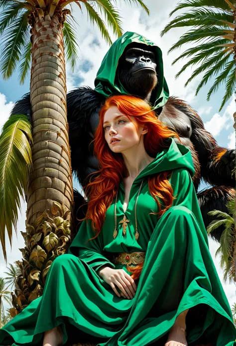 A tiny young woman with fiery golden-red hair and an emerald-green hooded robe is seated in the vast expanse of a colossal, hairy palm. The giant's fingers are curled slightly around her, creating a gentle enclosure. She gazes upwards at his gigantic face,...