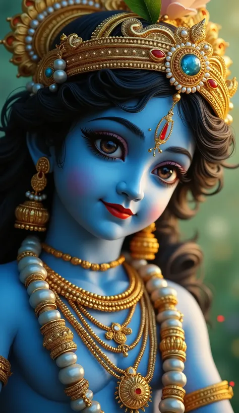 Stunning intricate beautiful illustration, A close-up ,face of Lord Krishna in blue body playing a flute, intricate gold jewelry,luxuries,blink blink,light bokeh,green garden,white fog,front view,sparkling,dreamy