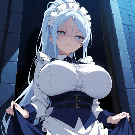sylpha_langlis, 1girl, seductive smile, solo, maid headdress, blue eyes, blue hair, long hair, ponytail, looking at viewer,huge breasts, maid, shirt, light blue hair, dark alleyway background, night, (masterpiece),(best quality),(ultra-detailed),(best illu...