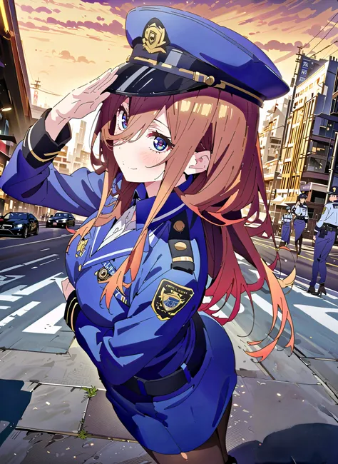 Nakano Future, Nakano Future, long hair, Bangs, blue eyes, brown hair,Wide hair between eyes,police hat, Police Officer Uniforms,blue pencil skirt,Wireless machine,black pantyhose,pin heels, Salute ,is standing,smile,cover,close your mouth,,full bodyがIllus...