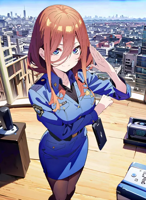 Nakano Future, Nakano Future, long hair, Bangs, blue eyes, brown hair,Wide hair between eyes,police hat, Police Officer Uniforms,blue pencil skirt,Wireless machine,black pantyhose,pin heels, Salute ,is standing,smile,cover,close your mouth,,full bodyがIllus...