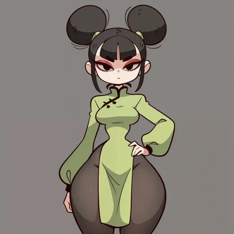 1girl, solo, short black hair, two buns, middle bangs, black eyes, makeup, eyelashes, eyeshadow, medium breasts, narrow waist, wide hips, thick thighs, green qipao dress, long sleeves, black pantyhose, serious, hand on hips, standing, looking at viewer, si...