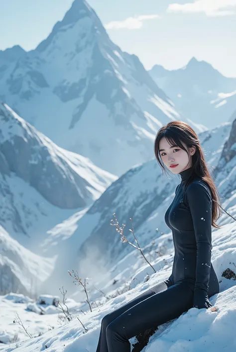 (ultra Realistic) , (illustration), (Enhance resolution), (8k), ( Extremely Detailed), ( detailed face ), Slim Body, in the dark , deep shadow, low profile, pureerosfaceace_v1, Happy smile, Winter, Mountain