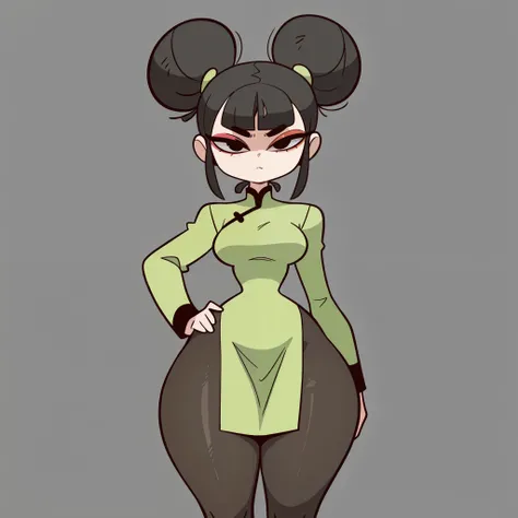 1girl, solo, short black hair, two buns, middle bangs, black eyes, makeup, eyelashes, eyeshadow, medium breasts, narrow waist, wide hips, thick thighs, green qipao dress, long sleeves, black pantyhose, serious, hand on hips, standing, looking at viewer, si...