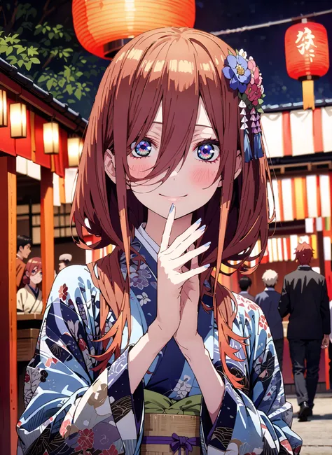 Miku Nakano, Nakano Future,bungs, blue eyes, brown hair,wide hair between eyes,side lock,single bun hair,flower hair ornament,smile,cover,close your mouth,Floral blue kimono,Holding a pouch with both hands,is standing,Red Lantern,Japanese stalls ,Light up ...