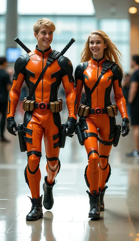 character: 1 boy,  and 1 girl. They have blonde hair and They have European faces.

action: Walk straight and look straight ahead.

Expression : smiling.

Costume : they Wearing futuristik orange Deadpool. Two swords on the back.

 Background : A bright in...