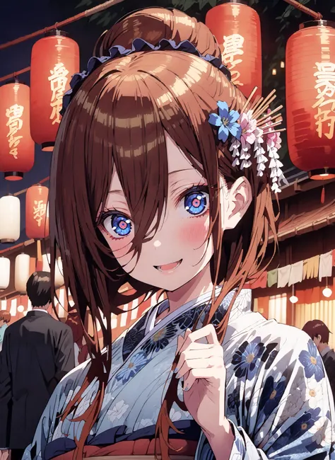 score_9, score_8_up, score_7_up, source_anime, Miku Nakano, Nakano Future,bungs, blue eyes, brown hair,wide hair between eyes,side lock,single bun hair,flower hair ornament,smile,cover,open your mouth,Floral blue kimono,is standing,Red Lantern,Japanese sta...
