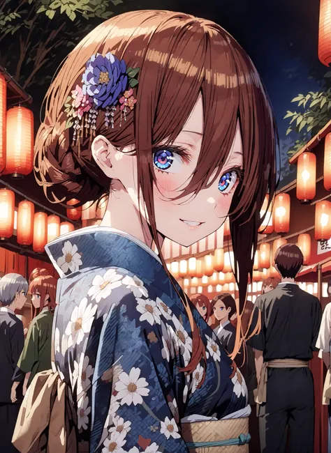 score_9, score_8_up, score_7_up, source_anime, Miku Nakano, Nakano Future,bungs, blue eyes, brown hair,wide hair between eyes,side lock,single bun hair,flower hair ornament,smile,cover,open your mouth,Floral blue kimono,is standing,Red Lantern,Japanese sta...