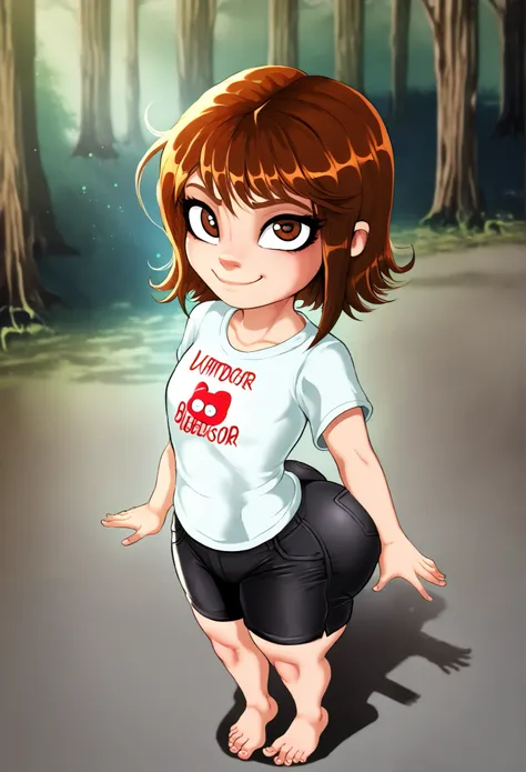 shadcom, shadman, shadbase artstyle, score_9, score_7_up, 1girl, solo, white T-shirt with cute hearth, black bikeshorts, vibrant forest background, presenting, curvy, cute girl, , young girl, , short girl, jailbait, d, minor, solo, medium brown hair, brown...