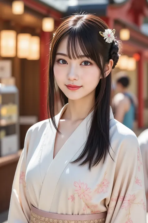 A highly detailed and ultra-realistic digital illustration of a beautiful young Asian woman, explicitly framed from just above her chest upwards, fully capturing her entire head, including the crown and clearly visible hair whorl. The composition ensures h...