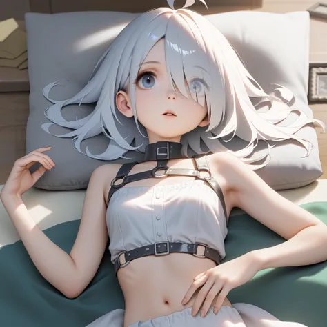 ((Girl with bulging ribs:1.4)、(peito plano:1.3),(corpo magro:1.3), rubor、para corar、thick eyes,  white hair ,  long hair, hair over one eye, tousled hair, (harness:1.3), ahoge,  medium hair, arched back, Lie on your back unclothed