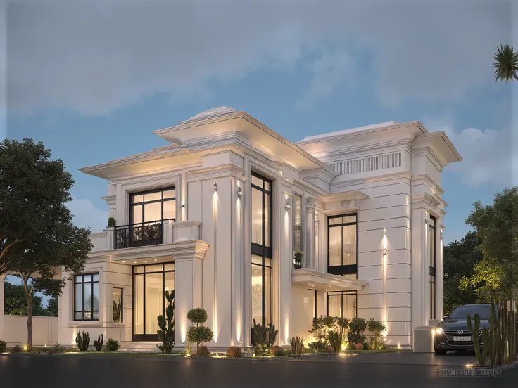 masterpiece , (photorealistic:1 . 2) , best quality , ultra high res , exterior , architechture , modern house , white wall , glass windows ,, trees , traffic road , design , trees around , blue sky , in the style of realistic hyper-detailed rendering , 32...