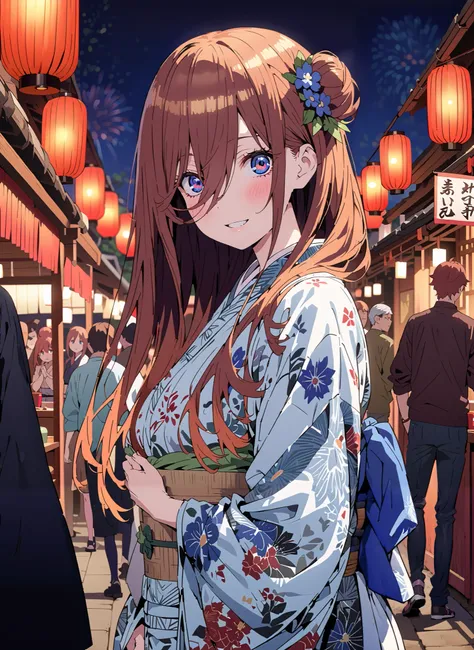 Miku Nakano, Nakano Future,bungs, blue eyes, brown hair,wide hair between eyes,side lock,single bun hair,flower hair ornament,Big Breasts,smile,cover,open your mouth,Floral blue kimono,is standing,Red Lantern,Japanese stalls ,Light up fireworks,night,full ...