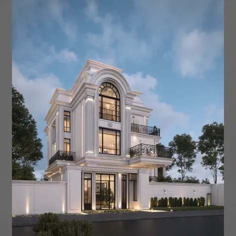 masterpiece , (photorealistic:1 . 2) , best quality , ultra high res , exterior , architechture , modern house , white wall , glass windows ,, trees , traffic road , design , trees around , blue sky , in the style of realistic hyper-detailed rendering , 32...