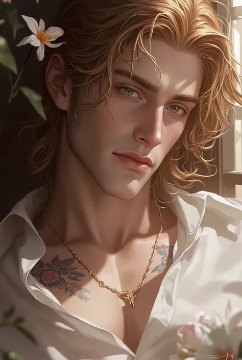 1 man, Realistic, master-piece, bestquality, Beautiful, detailed eyes and detailed faces.,natural light, Medieval Fantasy, European retro, White shirt, lace, Long dark golden hair, blue eyes, attractive, depressed, Decorative flowers, sunbeam