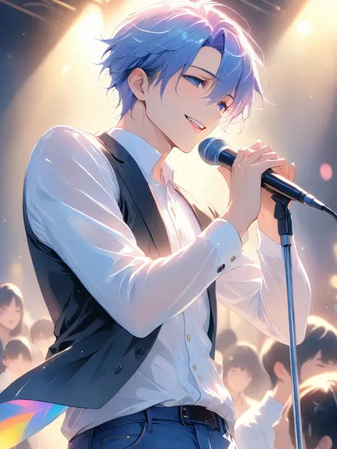 ( top quality,4K,8k, High Definition , masterpiece :1.2),Slightly realistic anime style、Soft Watercolor Tone 。
a Japanese male jazz singer around 25 years old、Singing with a big band performance in the background。The man wears blue jeans、wears a black ...