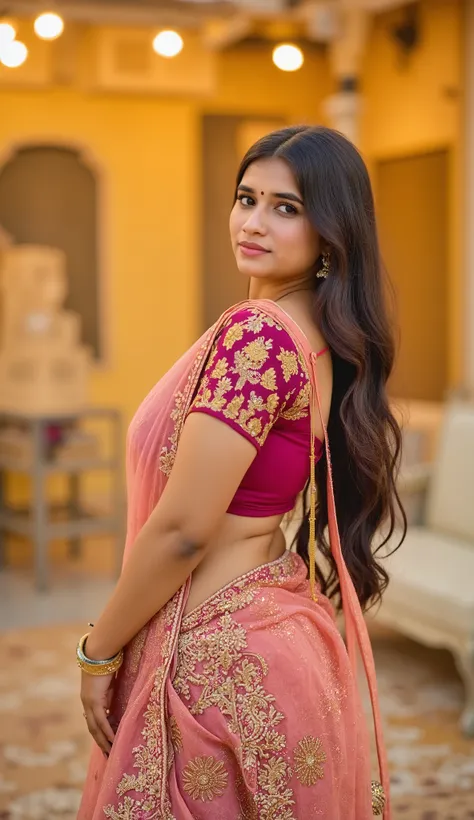 portrait of a graceful Indian woman wearing an intricately embroidered red and gold lehenga, standing elegantly in a royal palace, warm golden hour lighting, soft focus background, ultra-detailed fabric texture, cinematic depth of field, hyperrealistic, 8k...