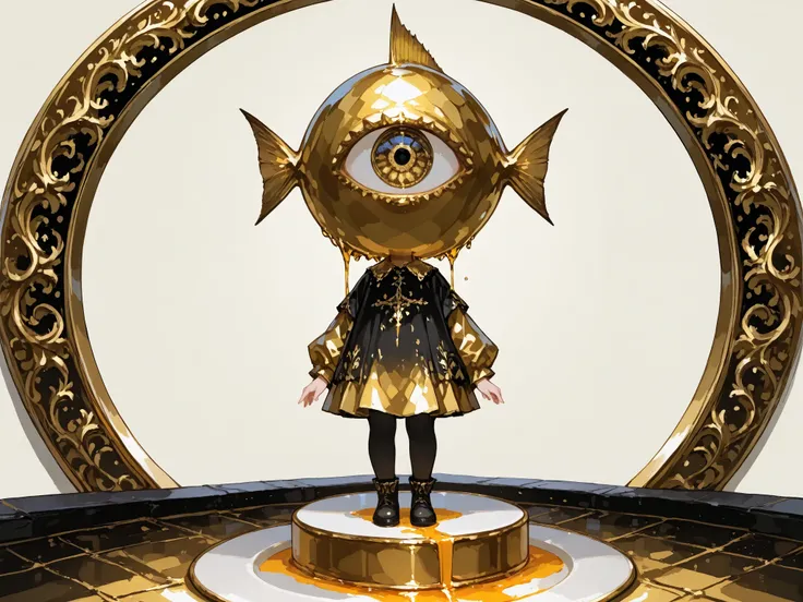 sensitive,ultra detailed, juice, standing, solid gold background, surrealism, on right, fish-eye lens, low brightness colors