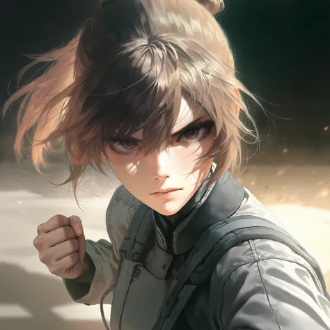  ultra detailed, 8k, ultra realistic, masterpiece, cinematic lighting, 1girl, 19y, standing, portrait, front view, gray outfit, brown hair, ponytail, two loose strands, light brown skin, brown eyes, calm look, fighting position, full half body