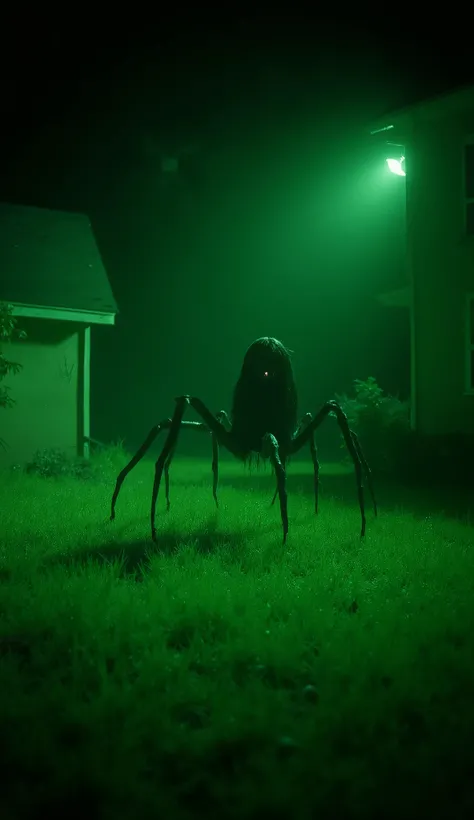 A fixed night vision camera positioned low on the ground, capturing a vertical 9:16 frame of a realistic backyard at night. A terrifying creature with a woman's head — long black hair, eyes reflecting infrared light as seen through a night vision device, a...