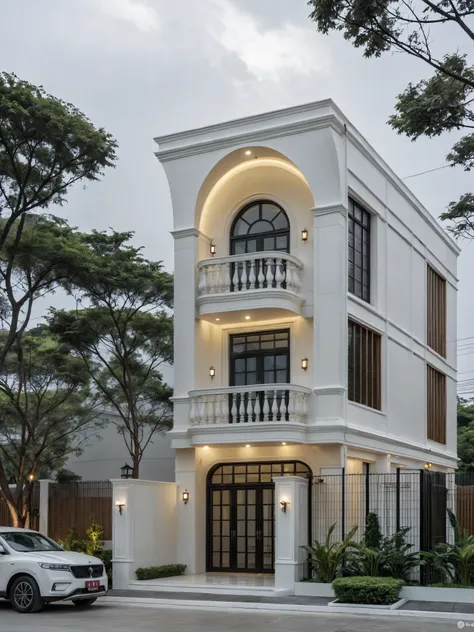 RAW photo, a photo of a classic house, (curvilinear architecture:1.4), rounded wall , white wall ,steel dark door, classic bancony, sidewalk, sidewalk, trees, road, viet nam modern residence, ((architectural shot)), classic house, new residential area, wid...