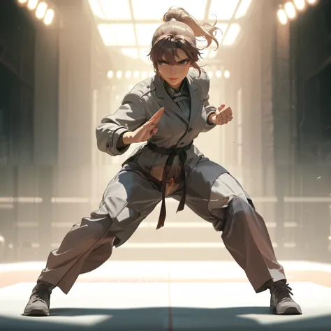 ultra detailed, 8k, ultra realistic, masterpiece, cinematic lighting, 1girl, 19y, standing, portrait, front view, gray outfit, brown hair, ponytail, two loose strands, light brown skin, brown eyes, calm look, fighting position, full body