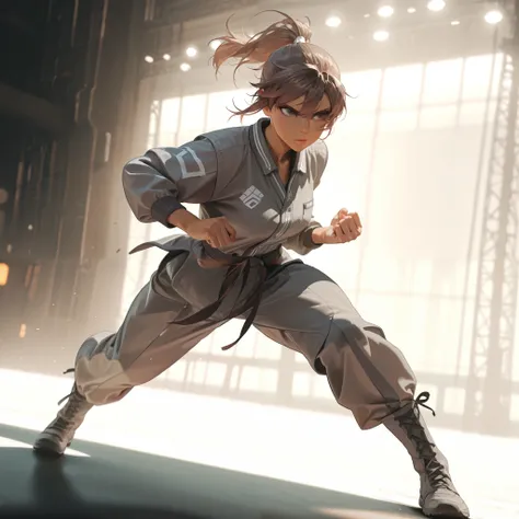 ultra detailed, 8k, ultra realistic, masterpiece, cinematic lighting, 1girl, 19y, standing, portrait, front view, gray outfit, brown hair, ponytail, two loose strands, light brown skin, brown eyes, calm look, fighting position, full body