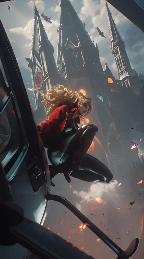a daring young woman crouching at the open door of a black helicopter soaring through the stormy sky. She wears a bold red jacket over a sleek black bodysuit, her golden curly hair flowing in the wind. Below her, a majestic Gothic castle with towering spir...
