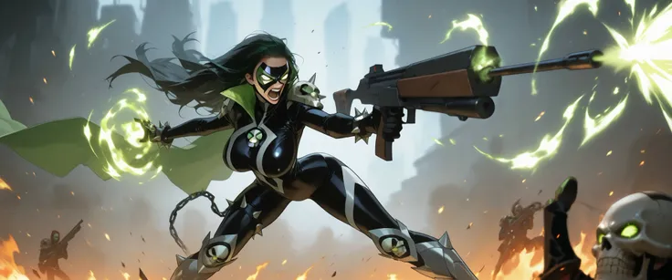 masterpiece, 1girl, solo, good quality, best quality, very awa, very as2, absurdres, highres
 sespwn, long hair, mask, green eyes, black hair,no pupils, leather jacket, bodysuit, black bodysuit, high collar, gloves, spikes, chain, skull pauldrons, thigh st...