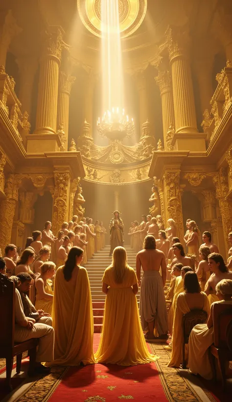 A grand divine wedding on Mount Olympus, with gods and goddesses dressed in flowing golden robes. Zeus and Hera sit on ornate thrones, while Poseidon and Hades converse. The atmosphere is celebratory, with golden ambrosia flowing and celestial music fillin...