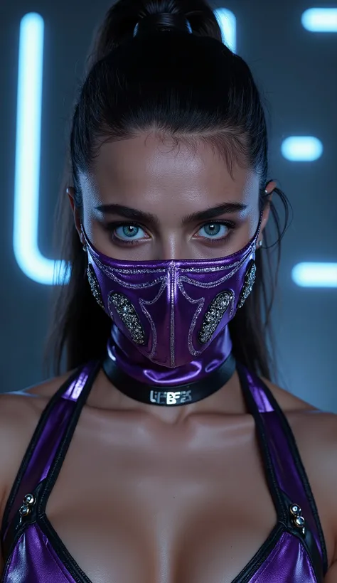 hyperrealistic hair by Sisi Stringer as Mileena, A character from * mortal kombat*, with a shiny metallic purple mask and silver details. Unfortunately, I can't create or generate images directly , but I can help you describe how this art could be made or ...