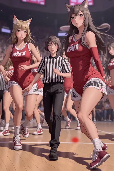 (hyper realistic) (anime cat girl WNBA) several gorgeous cat women in sexy uniforms stop playing basketball abruptly and wheel on the referee. The referee is panicked and runs from the cat women. A red dot is being projected on his black and white shirt. ...