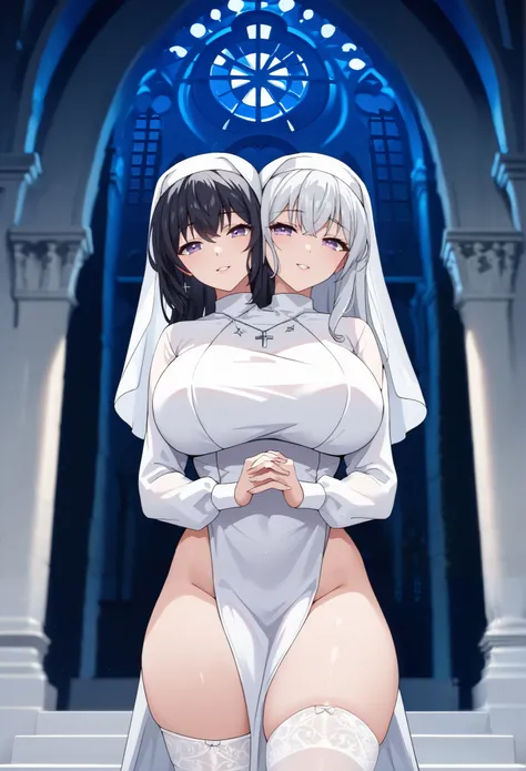 conjoined, 2girls, 2heads, two heads, a tall thin girls with 2 heads, white hair, black hair, purple eyes, large breasts, front shots, white and black mix nun clothes, pelvic curtain, white and black mix dress, long sleeves, white stockings, veil, white ch...