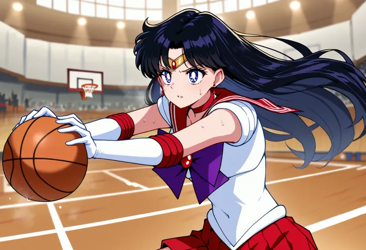 A girl, solo,  Heino Rei, Sailor mars((from the anime Sailor Moon), All body, playing basketball, basketball court in the background, cheering spectators, sweat, elegant posture, dilapidated, clear face, beautiful eyes, masterpiece, best quality, very aest...