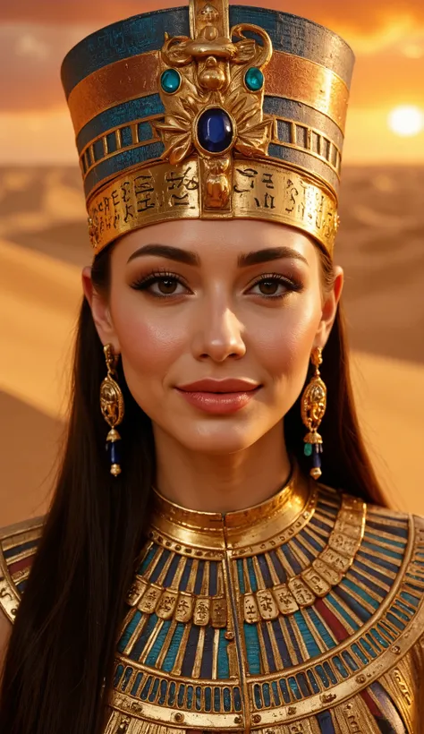 An Egyptian princess, her majesty as enchanting as the Nile at sunset. This close-up focuses on her mesmerizing smile, framed by a crown inspired by ancient pharaohs, adorned with lapis lazuli and gold. Her eyes are outlined with thick kohl, enhanced by sh...