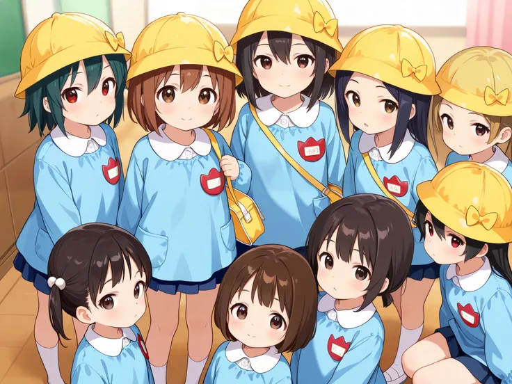 10girls, group of girls, multiple girls, (masterpiece, best quality, highly detailed, ultra detailed), bird eye view, So many girls, flat chested, various hair colors, small breasts, kindergarten, kindergarten cap, kindergarten uniform, kindergarten bag, s...
