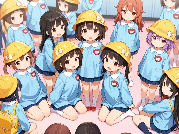 10girls, group of girls, multiple girls, (masterpiece, best quality, highly detailed, ultra detailed), bird eye view, So many girls, flat chested, various hair colors, small breasts, kindergarten, kindergarten cap, kindergarten uniform, kindergarten bag, s...