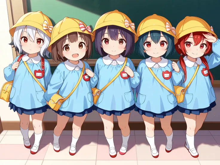 6girls, group of girls, multiple girls, (masterpiece, best quality, highly detailed, ultra detailed), bird eye view, So many girls, flat chested, various hair colors, small breasts, kindergarten, kindergarten cap, kindergarten uniform, kindergarten bag, so...
