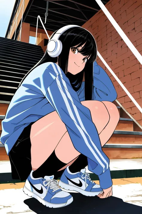 1Girl,
japanese,
high school girl
(black hair1.3),
strong-willed hair,
straight hair,
shoulder length,
brown eyes,
Y2K style,
looking at viewer,
wireless headphones,
under the bridge,
squat,
from side,
nigth,
Worm’s Eye View,
Focus on the sneake...