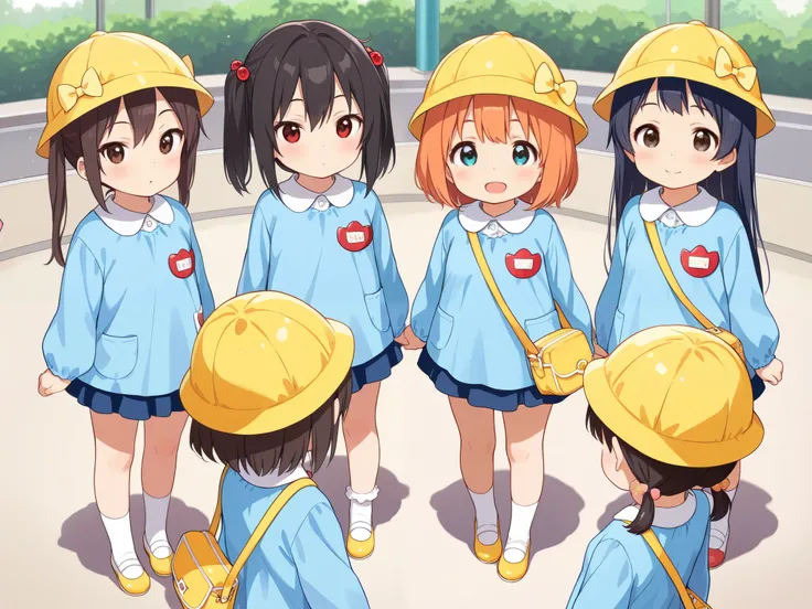 6girls, group of girls, multiple girls, (masterpiece, best quality, highly detailed, ultra detailed), bird eye view, So many girls, flat chested, various hair colors, small breasts, kindergarten, kindergarten cap, kindergarten uniform, kindergarten bag, so...
