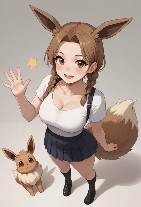 (Masterpiece) (High Detail) (High Res) A full body shot of A very short, cute and petite Human female with pale human skin and brown eyes and long brown braided hair and fluffy brown pointed Eevee ears and a long fluffy brown Eevee tail with a light tip an...