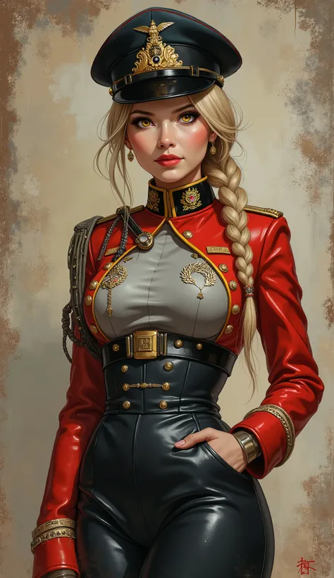 Detailed proportions and textures and multi-color with airbrushed brush strokes that presents a semi-realistic illustration in Chinese A beautiful and strong young woman in a steampunk and epic fantasy style military uniform where black-gray tones predomin...